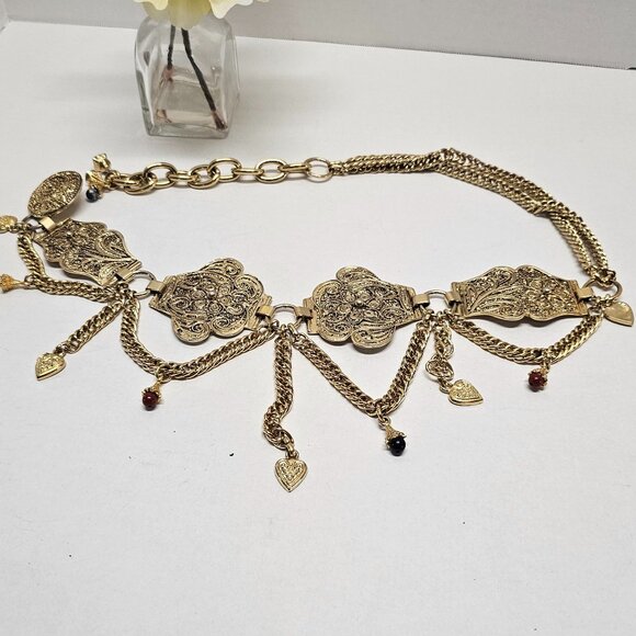 Vintage Italian Gold Filigree Floral Beaded Womens Belt Adjustable Draped Chain - Picture 1 of 11